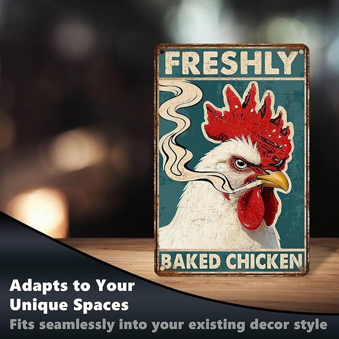 Funny Chicken Metal Signs Rooster Kitchen Decor Freshly Baked Chicken Tin Signs Vintage Farmhouse Poster Rustic Wall Decor For Home Farm Cafe Bar Pub Man cave Living Room Office 12 * 8 In