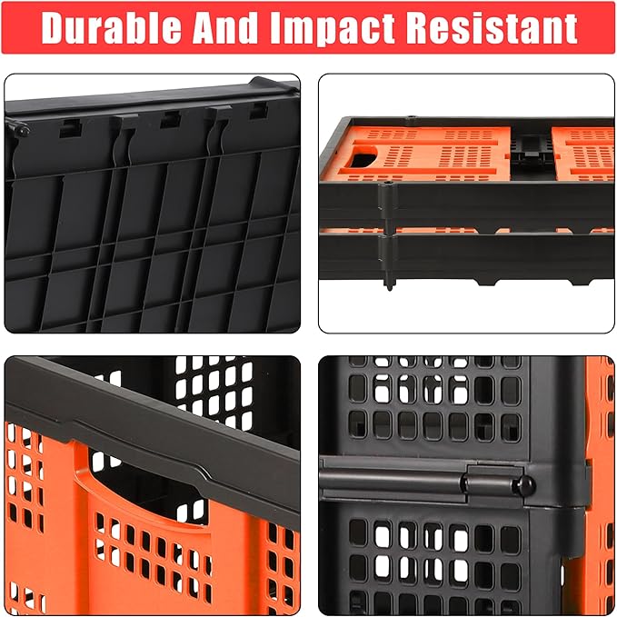 14.5 Gallon Orange Collapsible Milk Crate, Heavy-Duty Plastic Storage Container with Handles, 55 LBS Load Capacity Stackable Folding Bin for Home Office Farm Garage Basement.