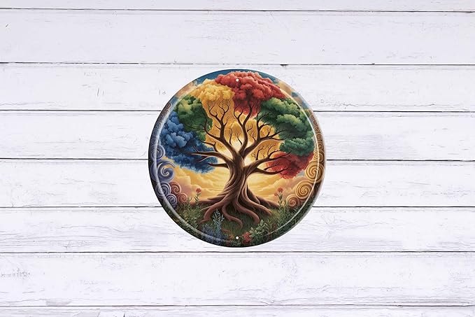 AWISZZZ Tree of Life Metal Sign 8x8in Round Boho Plaque for Bedroom Wall Decor Spiritual Nature Gift