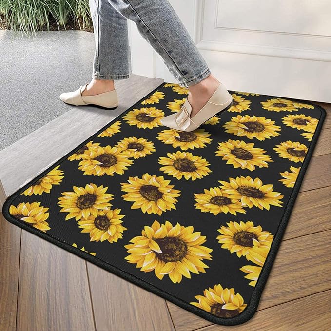 Roszwtit Farmhouse Kitchen Rugs and Mats, Black Sunflowers Door Mat, Seasonal Washable Non-Slip Floor Mats for Home Kitchen Decor 30x17 Inch