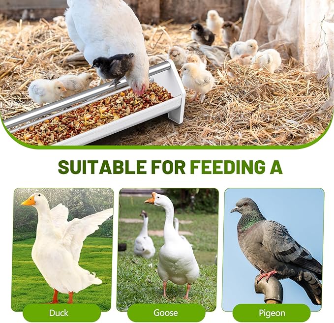 2 Sets 47 Inch Chicken Feeder Trough, Heavy Duty Plastic Stainless Steel Round Bottom Pigeon Feeder Trough Rotating Round Tub for a Variety of Poultry for Chickens, Ducks, Geese, Goats