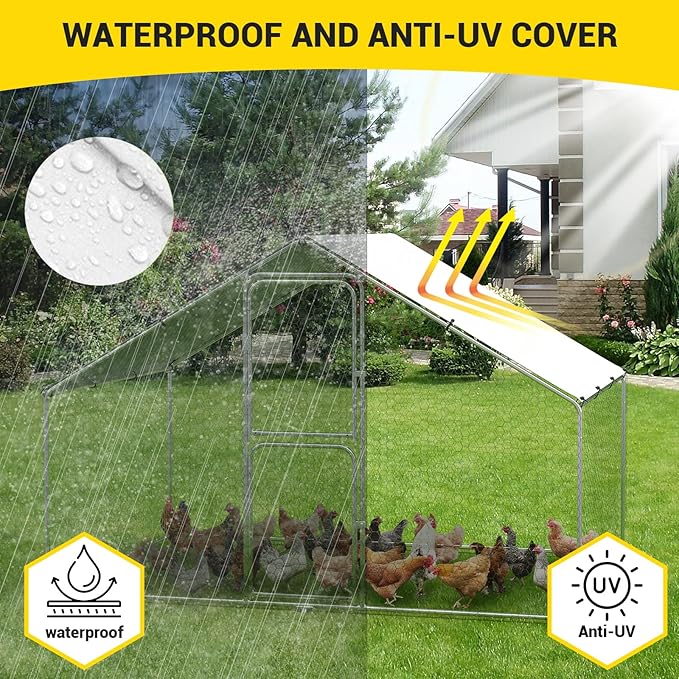 GarveeLife Large Metal Chicken Coop with Waterproof and Anti-UV Cover, Walk-in Poultry Cage, Outdoor Chicken Run for Backyard Farm Use, 9.8x6.5x6.5 FT