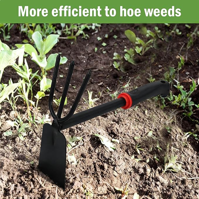 Hoe and Cultivator Garden Rake, Hoe & Sturdy 3 Claw Tiller, 2-in-1 Gardening Hand Tools for Digging