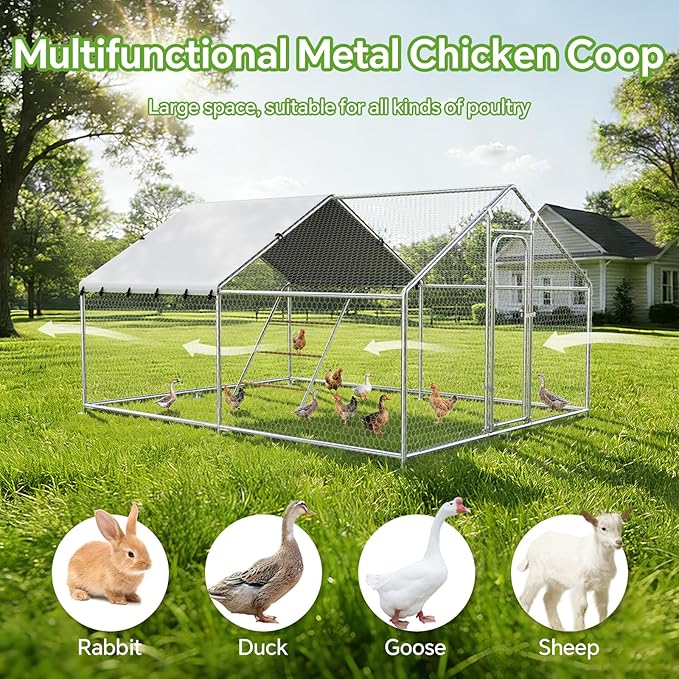 Large Metal Chicken Coop with Roosting Perch, Waterproof and UV-Resistant Cover, Outdoor Walk-in Cage Hen House for Yard Farm Rabbit Duck Chicken Run Spire Roof (10’ W x 13.2’ L x 6.4’ H)