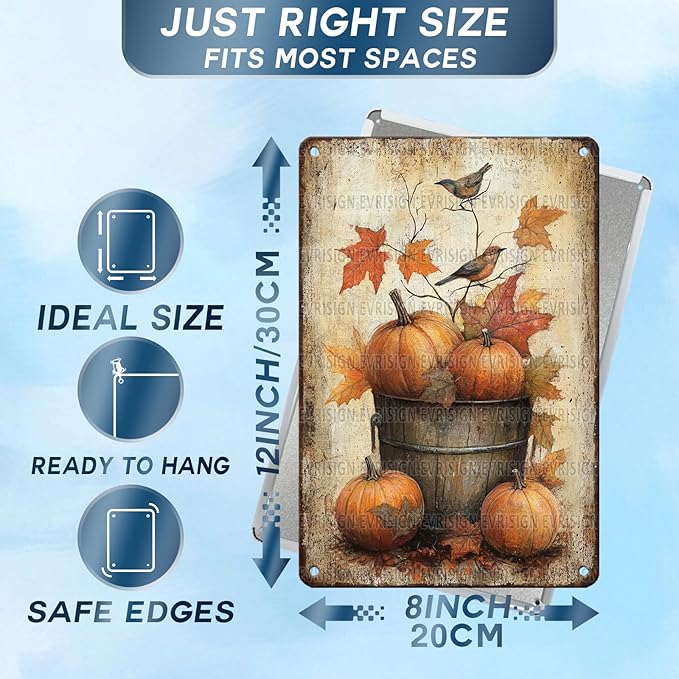 Autumn Harvest Metal Sign Vintage Pumpkin Birds Tin Sign Rustic Farmhouse Wall Decor for Home Cafe and Garden Indoor Outdoor Use 8x12Inch