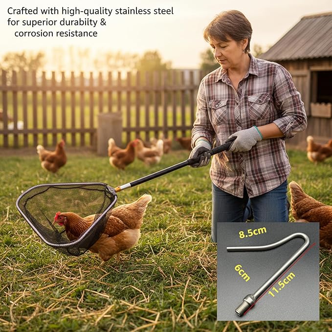 Telescopic Chicken Catching Net, Heavy Duty Stainless Steel Animal Catcher with Folding Aluminum Net, for Poultry Bird and Pet Handling