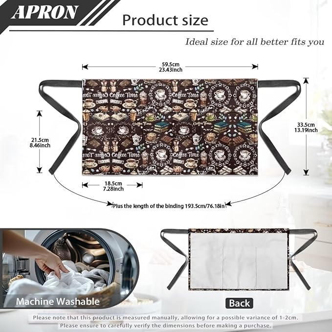 Waist Apron with 3 Pockets Waterproof 13 Inch Short Half Waist Aprons Women Men Server Aprons Waitress Waiter Apron