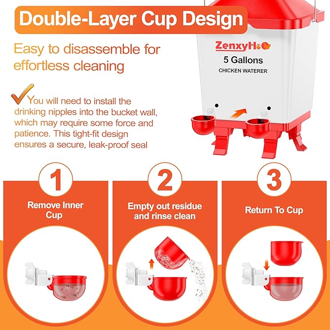 5.0 Gallons Chicken Waterer Bucket with 4 Waterer Cups, Adjustable Heights and Anti Roost Cone