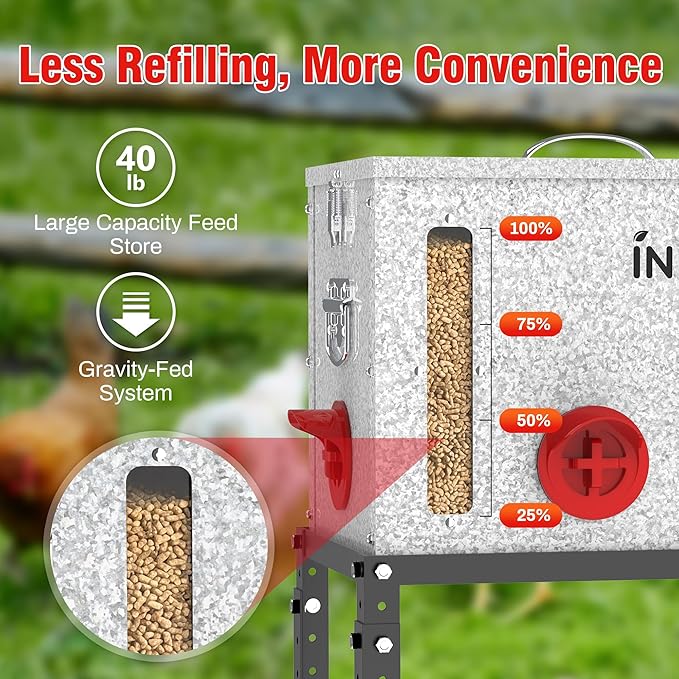 40LB Metal Chicken Feeder for Outdoor Coop, Galvanized Automatic Poultry Feeder with 6 Ports, Double Viewing Windows, Weatherproof Large Chicken Feed Container with Lid & Legs