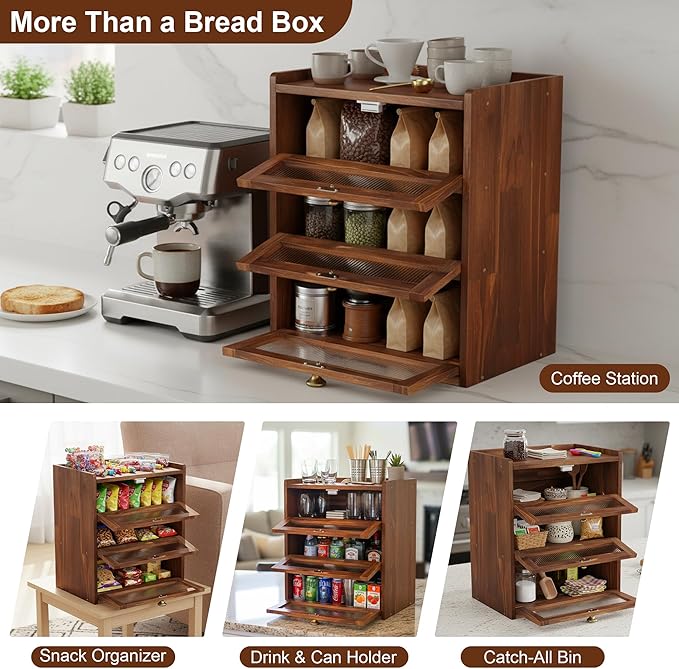Bread Box for Kitchen Countertop, Bin 3 Layer Bread Storage Container, Wooden Breadbox Holder, Large Capacity Food Organizer, Vintage Multi-functional Container, Pantry Shelf with Acrylic Window