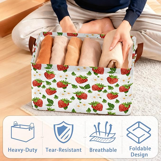 Strawberry Storage Basket with Handles,White Flowers Collapsible Rectangle Organizer Bin for Room Decoration Books Box Baskets 17x11.5x10Inch
