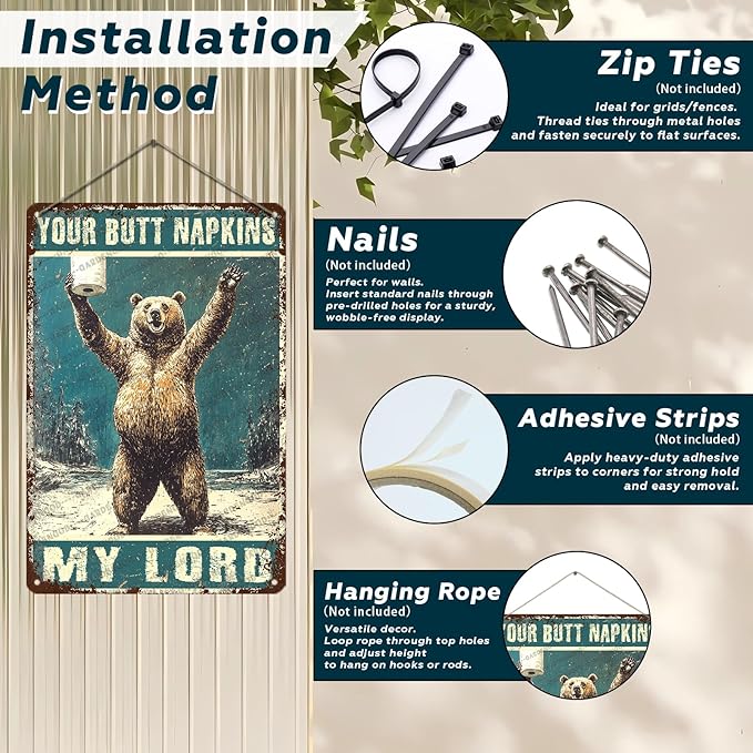 Fun Vintage Brown Bear And Toilet Paper Metal Sign Bear Your Butt Napkins My Lord Novelty Metal Poster Home Kitchen Bathroom Aluminium Sign Art Wall Decor 12x8 Inch