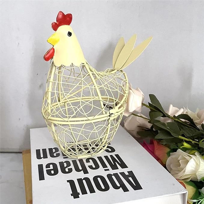 Chicken Wire Egg Basket Egg Holder Farmhouse Rustic Vintage Rooster Decor Chicken Shaped Egg Basket Fruit Storage Wire Basket For Collecting And Countertop Storing Egg (Yellow)