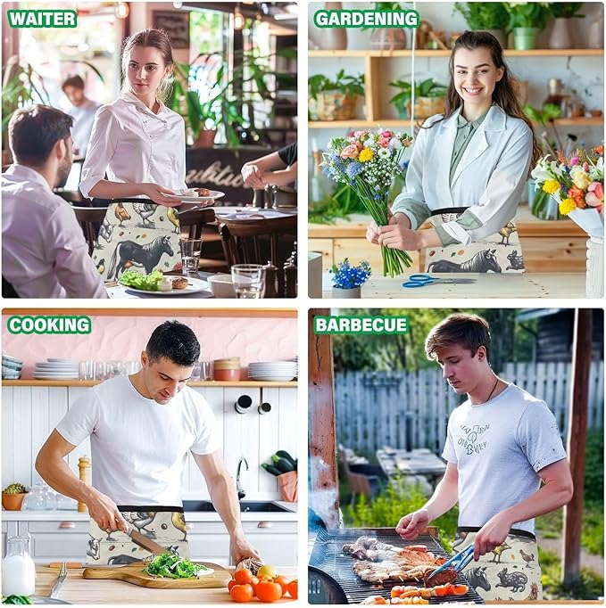 Farm Animal 3-Pocket Server Apron Professional Waist Apron for Waitress, Bartender & Restaurants, Water-Resistant Half Apron for Men Women