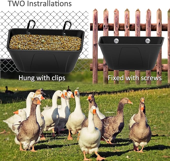 Hanging Fence Feeder for Chicken, Duck, Goat, Pig Poultry Feed Trough Chicken Feeder Bucket Feeding Container for Livestock (Black)