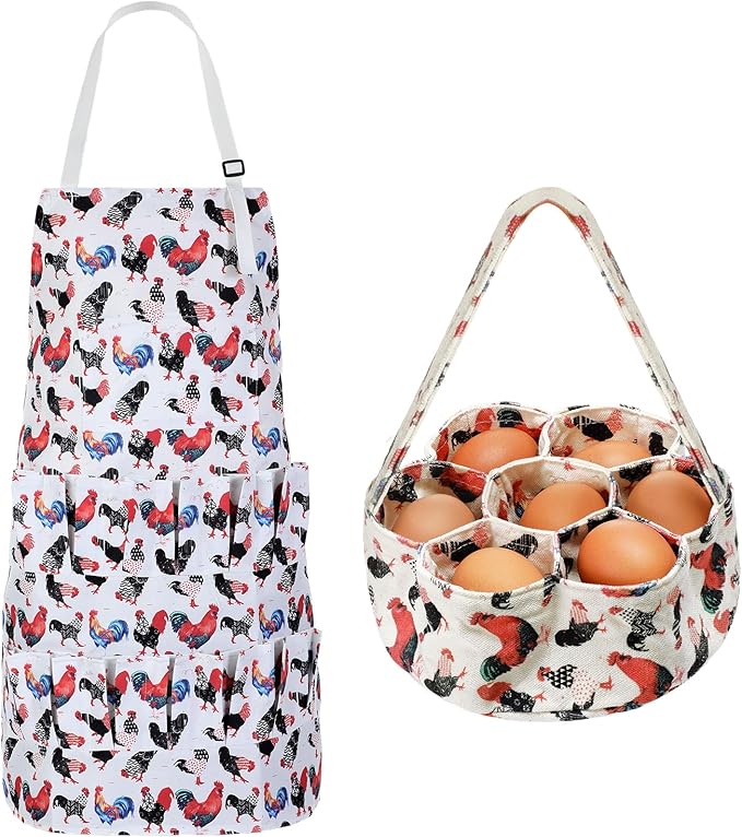 2 Pcs Egg Collecting Apron with 15 Pocket Gathering Basket with 7 Pouch for Chicken Duck Goose Eggs Easter Supplies
