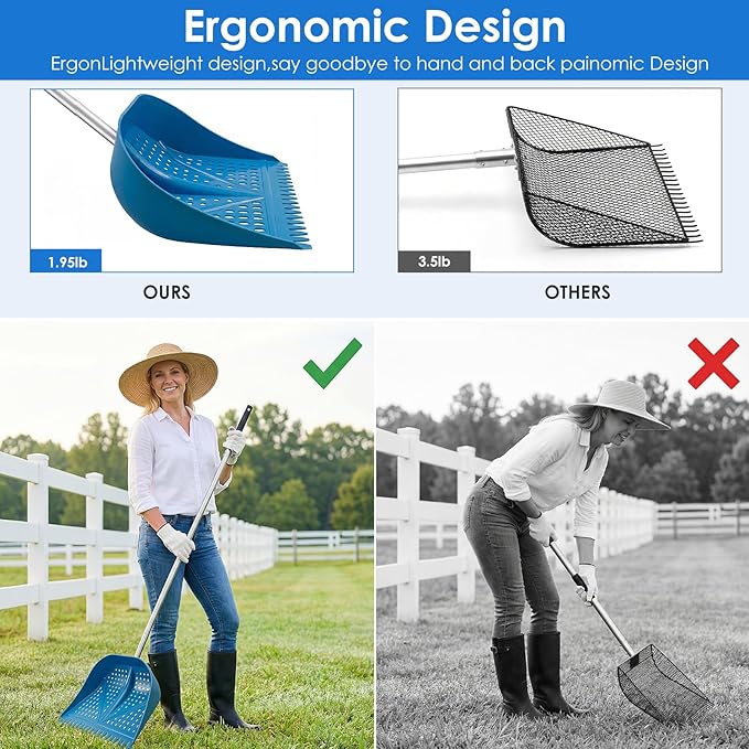 Chicken Poop Scooper & Rake 2-in-1, Adjustable Handle Length from 38" to 66", Features Manure Sifting Capability – Ideal for Chicken Coops and Farm Animal Cleaning (Blue)