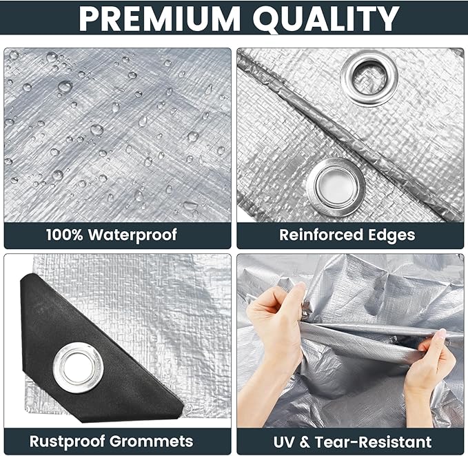 TICONN Heavy Duty Tarp Cover, Extra Thick Tarps Waterproof Tear and Rip Proof UV Resistant Tarpaulin with Reinforced Grommets and Edges (10 Mil/2PK, 10'×12')