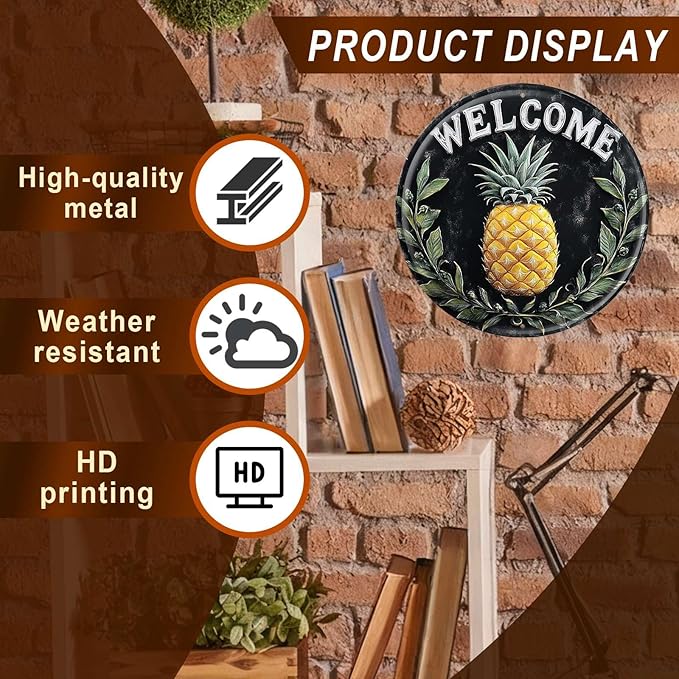 Welcome Pineapple Round Metal Tin Sign Wreath Vintage Farmhouse Wall Decor for Home Living Room Kitchen Dining Bedroom 12x12inch