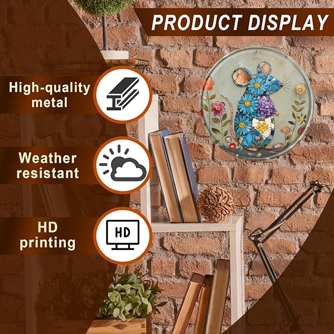 Mouse Round Metal Tin Sign Wreath Farm Flowers Rustic Vintage Wall Art Decor for Garden Porch Yard Farmhouse Outdoor Decor 8x8inch