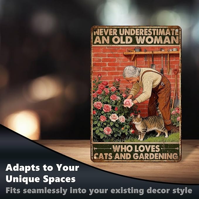 Vintage Garden Tin Sign Never Underestimate Old Lady Who Loves Cats And Gardening Retro Metal Sign Rustic Nostalgic Wall Decor For Home Garden Plaque Yard Patio Porch Living Room 12 * 8 In
