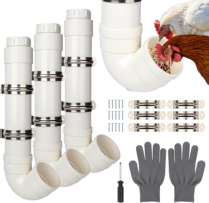 HOMAR 3PC Automatic Chicken Feeder - No Waste, 6lb Large Capacity Heavy Duty Rat Proof PVC Pipe Hanging Gravity Feeder for Chicken Coop Poultry Long Feeding