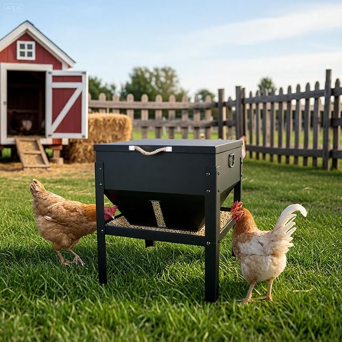 KOL 80LBs Chicken Feeder No-Waste, Galvanized Steel Large Capacity Chicken Feeder, Portable Poultry Feeder with Waterproof Lid for Hens and Roosters, Coops & Outdoors