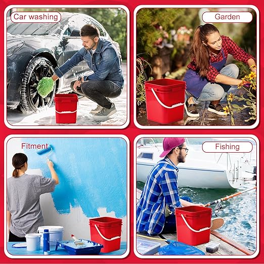 Mumufy 5 Pcs 3.5 Gallon Square Food Grade Bucket with Lid Square Bucket Pail Plastic Handles for Long Term Food Storage, Camping, Fishing, Home Organization Easy Stack and Store (Red)