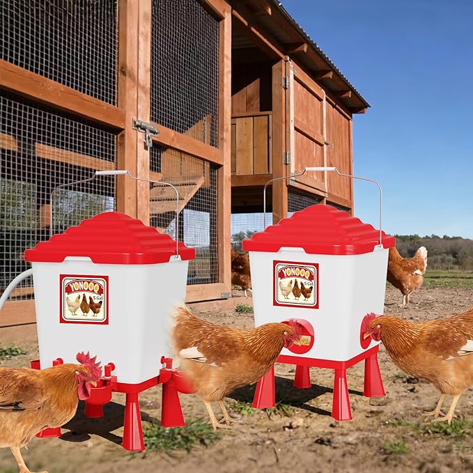 5 Gallon/26 Pounds Automatic Chicken Feeder and Waterer Set, Chicken Waterer with Automatic Float Valve, No Waste, Rain Proof Poultry Feeder, Chick Coop Accessories, for Chicken, Duck, Turkey