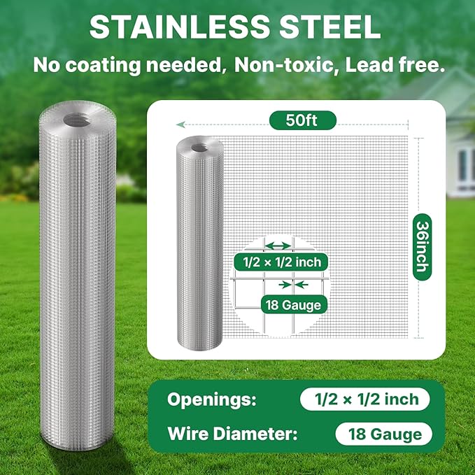 AMAGABELI GARDEN & HOME 36inchx50ft SS304 Stainless Steel Hardware Cloth 1/2 inch 18 Gauge Chicken Wire Fencing Welded Wire Mesh Fence Roll Poultry Netting Bird Cage Coop Rodent Proof Gopher Rabbit