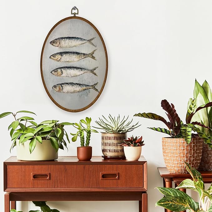 WULQYING Vintage Sardine Fish Wall Art Decor, Nautical Coastal Fish Oval Framed Canvas Art Prints, Retro Beach Fishing Wall Hanging Decor for Beach Home Kitchen Dining Room, 8.6x11.4 Inches