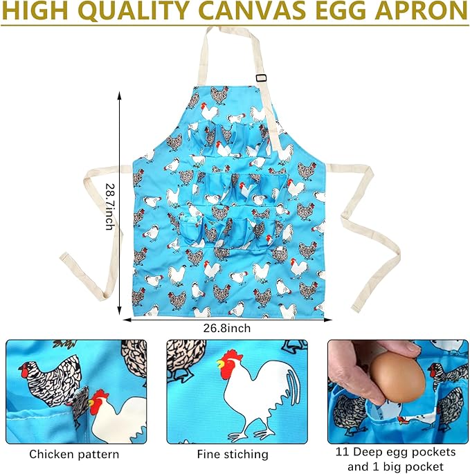 2 Pcs Egg Collecting Apron Chicken Gathering Basket with 7 Pouches Fresh Egg Holding Apron with 11 Pockets EW03
