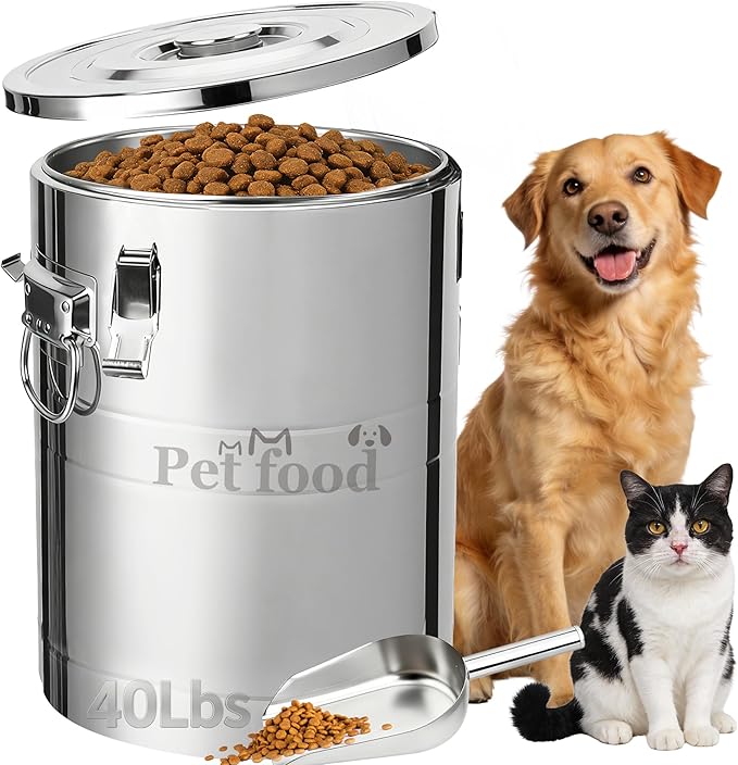 Newget 40 Lbs Stainless Steel Dog Food Storage Container, Large Airtight Pet Food Storage Bin with Lid to Keep Fresh, Metal Container with Scoop for Dog, Cat, Bird Seed, Rice, Grain & Kitchen Pantry