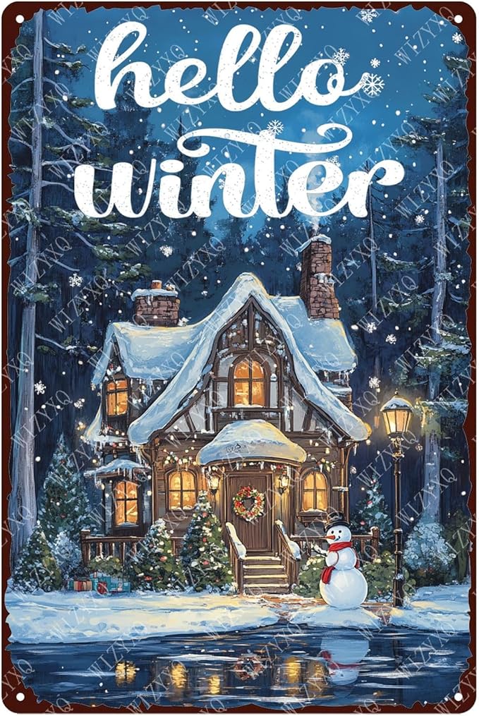 Hello Winter Sign Aluminum Metal Sign Funny Tin Sign for Home Farmhouse Bar Cafe 12×8 Inch