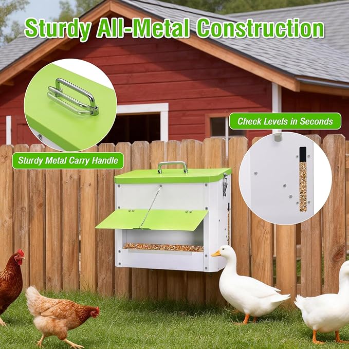 Hanging Chicken Feeder No Waste,20LBs Metal Chicken Feeder with Rainproof Cover & Lockable Flip-Door,Wall-Mount Heavy Duty Feeder for Chicken Coop and Outdoor Use