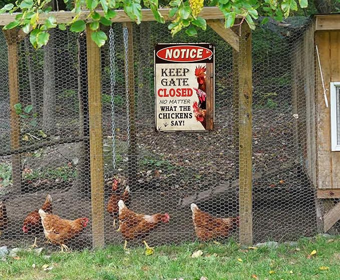 Humorous Chicken Coop Sign - ”Keep Gate Closed“ Decorative Metal Sign for Farm or Home 12" * 8" (261)