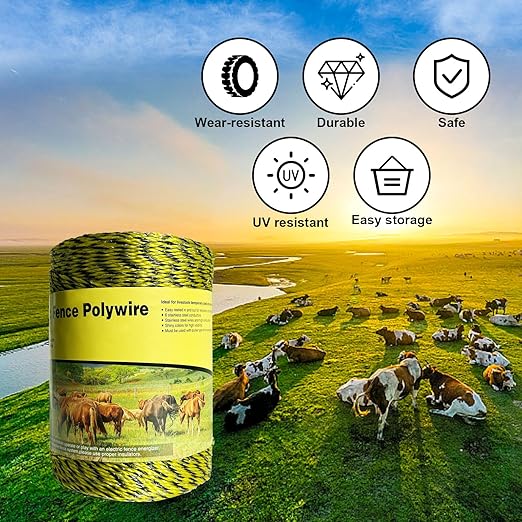 Upgraded Electric Fence Polywire 1312feet 400 Meters,1/8 Diameter Portable Electric Fencing Polywires, 6 Stainless Steel Strands ，Easy to Install,Portable Electronic Fence,Yellow and Black