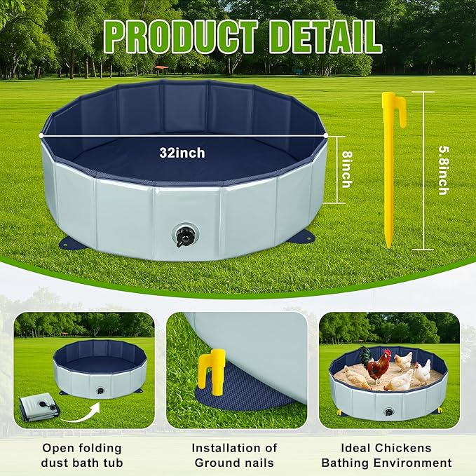 Chicken Dust Bath Tub,Bath Container for Chickens,32'' Diameter x 8'' Height, Foldable Design, Extra Tough PVC Dust - Chicken Coop Cleaner, Essential Poultry Accessory (Grey) (Gray)