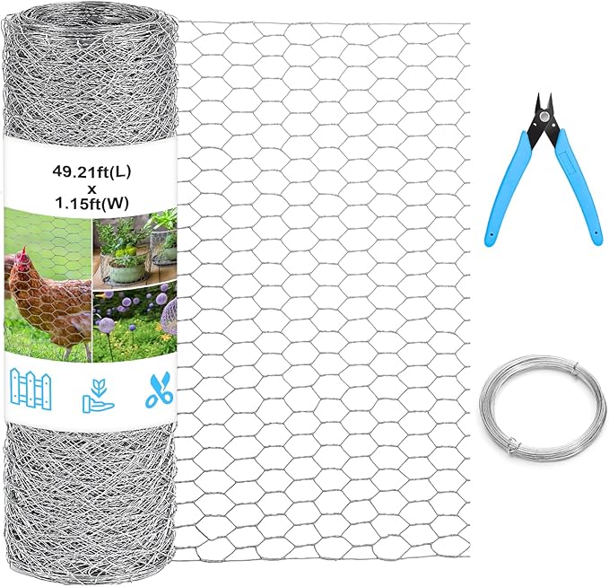 Chicken Wire Mesh 13.7 in x 50 ft in Silver Floral Chicken Wire Poultry Netting Hexagonal Galvanized PVC Coated Wire Mesh for Floral Arrangements Craft with 30 Zip Ties, Glove and Wire Cutting Pliers