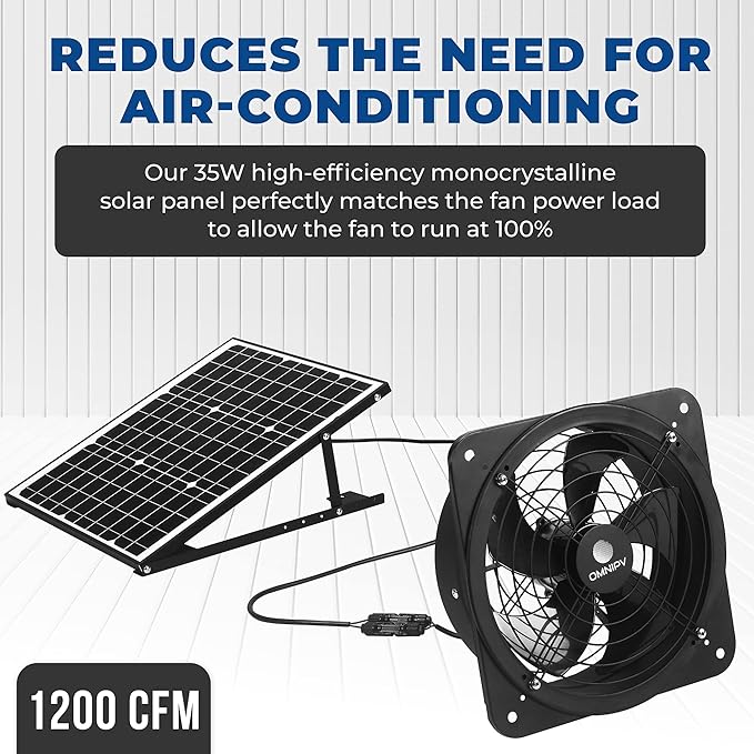 Solar Powered Wall Mount Exhaust Fan, 35 Watt (for Home, Garage, Workshop, Greenhouse, RV, Outdoor Garden, etc.)