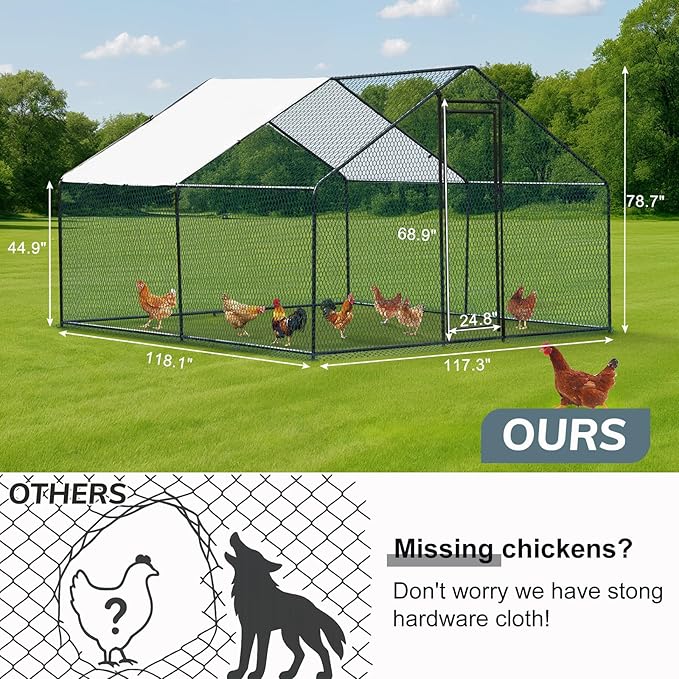 Outvita Chicken Coop, 10×10 FT Large Metal Chicken House, Poultry Habitat Cage with Waterproof Cover, Walk-in Chicken Run Pen for Small Animals Yard Farm Patio（Black Electrophoresis Process）