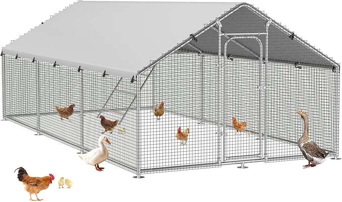Large Metal Chicken Coop Run with Roosting Perch, Outdoor Poultry Cage with Waterproof & UV-Resistant Cover for Chickens, Ducks, Rabbits in Yard or Farm Use, Spire Roof(8.9'W x17.7'L x 6.6'H)