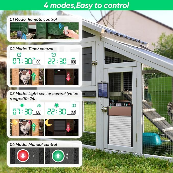 Automatic Chicken Coop Door Solar Powered, Anti-Trap Chicken Door with LCD Screen, Light Sensor, Timer, Remote Control, Anti-Pinch Design,for Chicken, Duck, Goose Farms