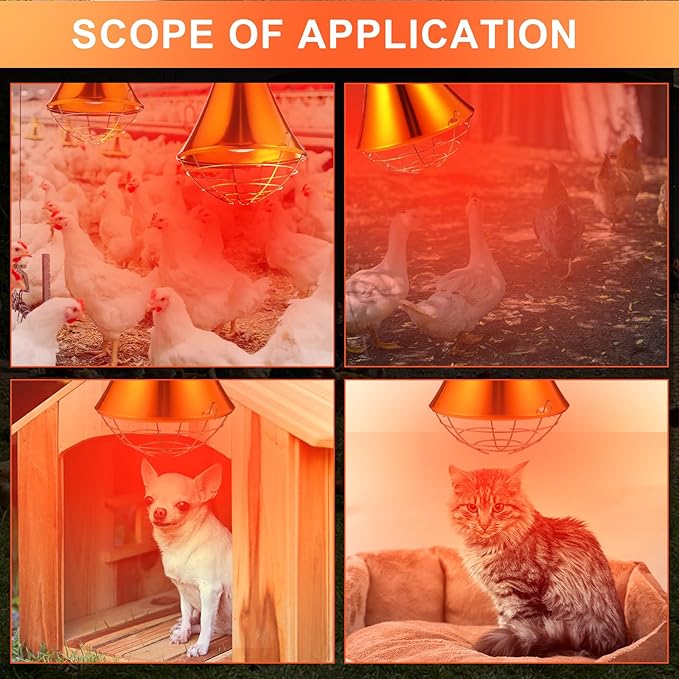 Honoson 4 Pcs 250w Chicken Heat Lamp for Winter Chicken Coop Heater Brooder Heater with Heat Lamp Aluminum Alloy Shade & 6.6' Hanging Chain Radiant Chick Coop Accessories Heated Warmer for Chick Pet