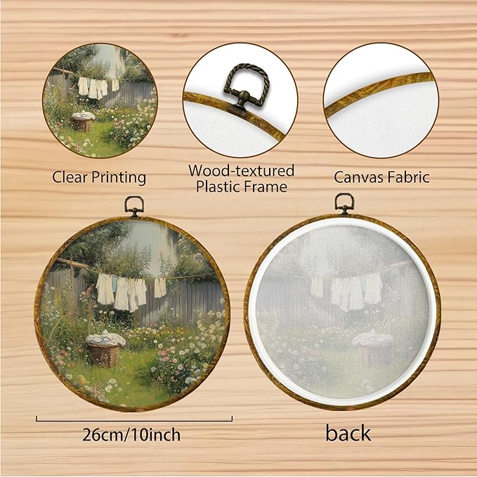 Hiuwevt French Country Cottagecore Laundry Day Farmhouse Round Wall Art Decor, xxx Framed Canvas Prints, xxx Round Wall Hanging Decor for Bedroom Home Decorations, 10x10 Inches