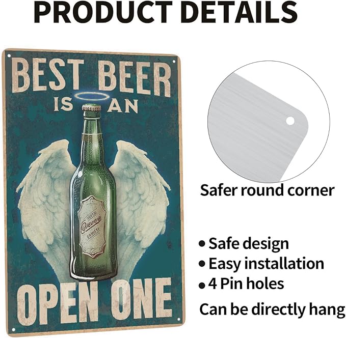 JOCASA Best Beer Is An Open-One Vintage Metal Poster Sign Decor-Retro Beer Theme Aluminum Metal Tin Sign for Garage Decor Bar Room Home Kitchen, Signs Gift,12''x 8''