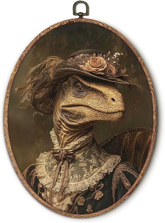 Hxlac Vintage Whimsical Dinosaur Oval Wall Art Framed, Renaissance Style Dinosaur Oval Wall Decor, Moody Dino Canvas Prints Wall Sculptures for Home Bedroom Living Room Gallery Decor, 8.5x11.5 Inch