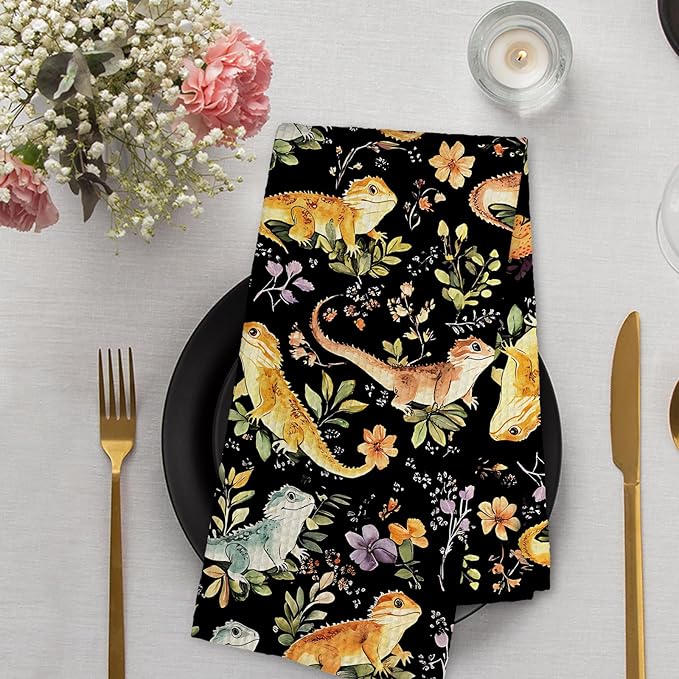 Dark Bearded Dragon Botanical Decor Kitchen Towel and Dish Towel, Bearded Dragon Gifts, Lizard Wildflower Hand Towels,Reptiles Gift Decorative Hand Dish Tea Towels for Bathroom Kitchen,16x24