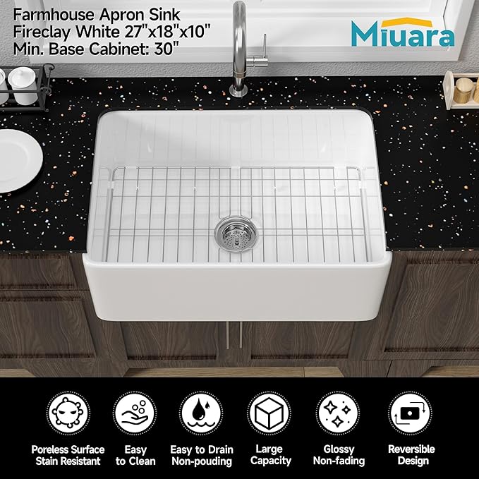 Farmhouse Sink 27 Inch - Small Apron Front Undermount Kitchen Sink Reversible 27"x18"x10", Farm House Style Single Bowl, Heavy Duty Solid Fireclay, White, for Kitchen & Laundry & Small Space