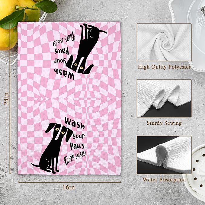 Pink Cute Dog Bathroom Kitchen Towels, Wash Your Paws Hand Towel for Bathroom, Funny Puppy Gifts for Dog Lovers, Trendy Preppy Checkered Dish Towels Decor for Dorm Girly Room 16x24in